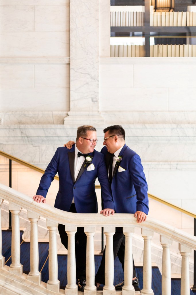 Two grooms before a Chicago wedding ceremony
